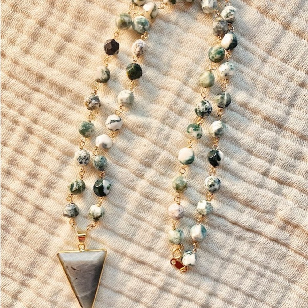 Gold Beaded Tree Agate and Labradorite Pendant Necklace